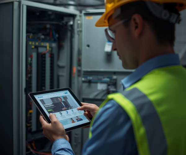 Professional electrician with modern website display