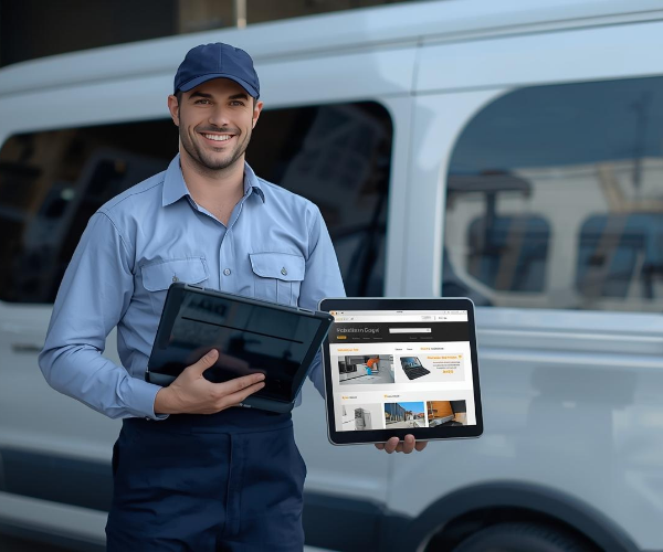 HVAC technician with professional website on tablet